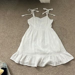 adjustable tie strap white linen dress